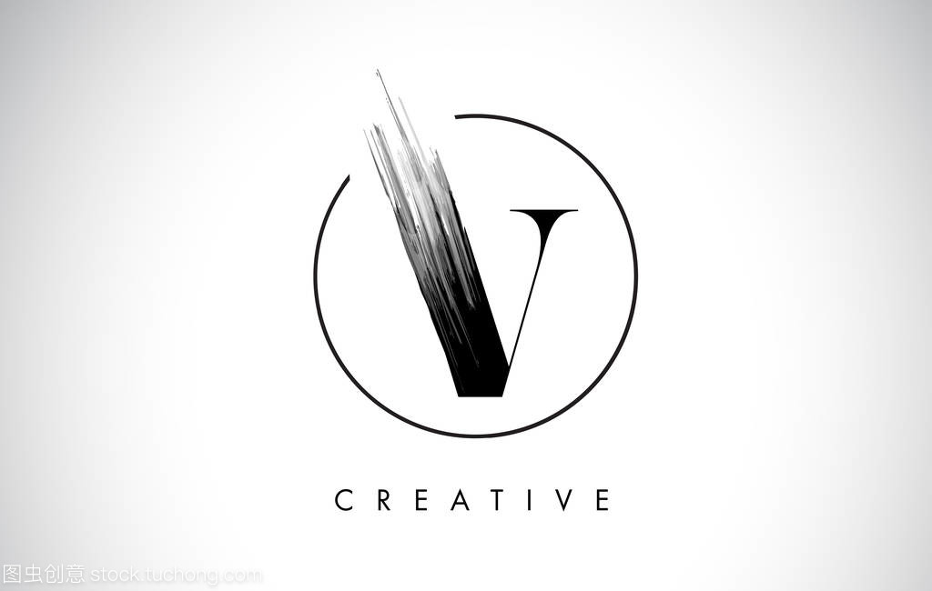 V 畫筆描邊字母標志設計。黑漆標志字母圖標